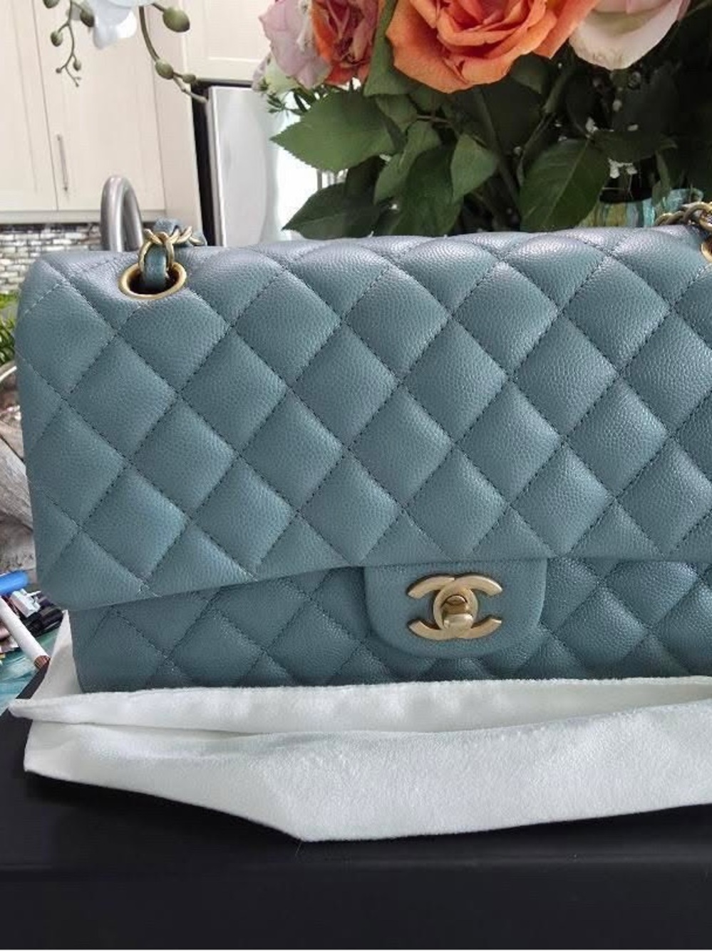 CHANEL Quilted Flap Shoulder Bag in Light Blue with Gold Hardware